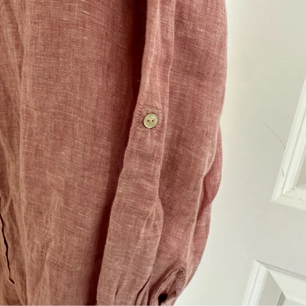 Tahari Essentials Womens Large 100% Linen Button Up Tunic Shirt Red Tab Sleeve - Picture 4 of 4